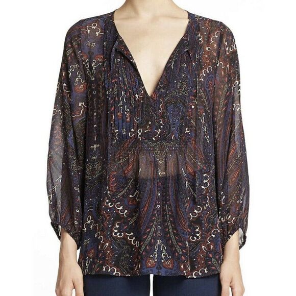 Joie Vendrea 100% Silk Blue Paisley Pleated Tie V Neck Peasant Blouse Boho Small - Picture 6 of 12